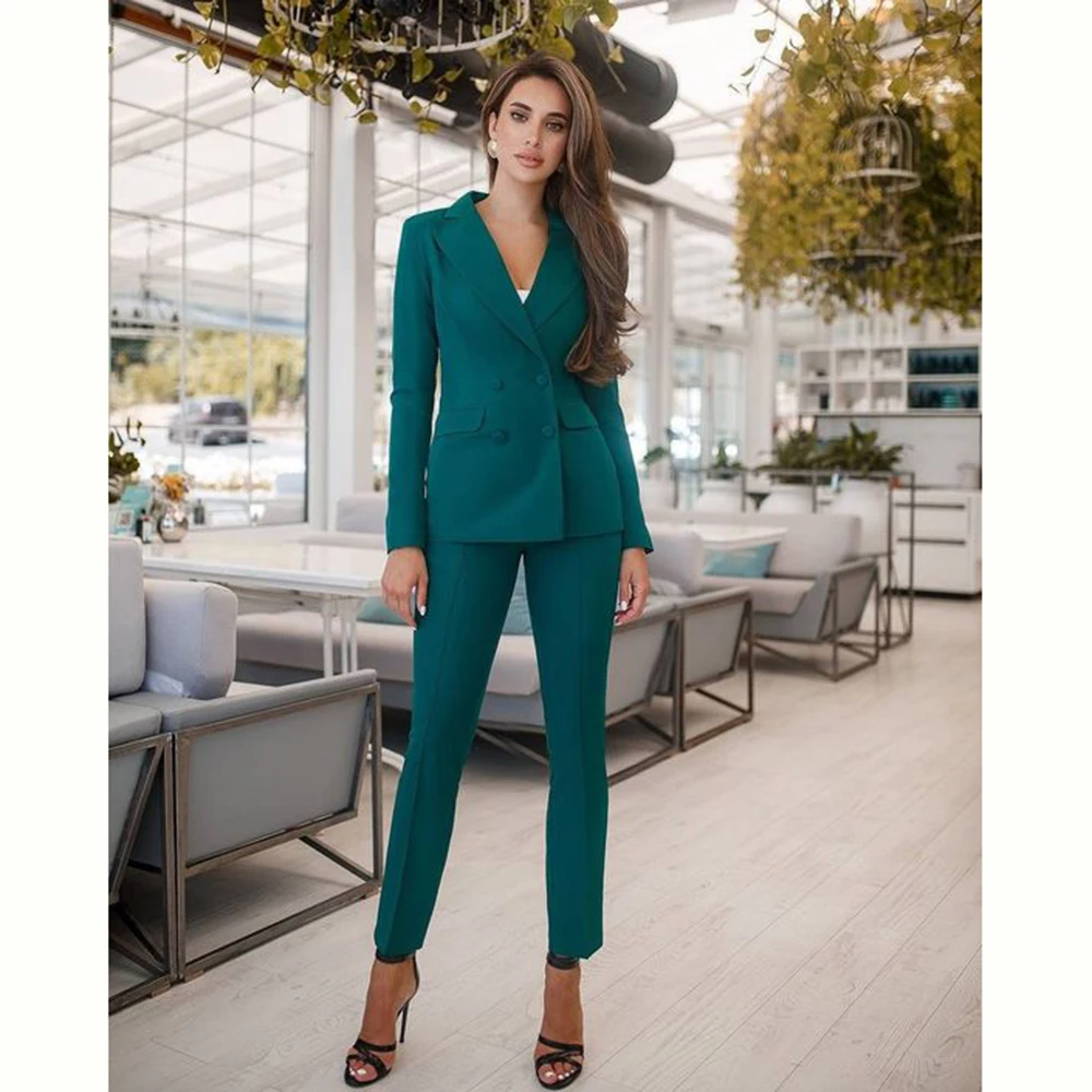 Fashion Chic Green Women Suit Double Breasted Notch Lapel 2 Piece Jacket Pants Blazer Set Slim Fit Office Lady Female Clothing