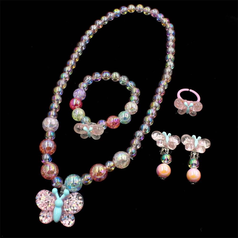 1 Satz süßer Schmetterling, handgefertigte Perlenkette, Armband, Ring, Ohrringe. Charmantes Schmuckset – perfektes Geschenk für kleine Prinzessinnen