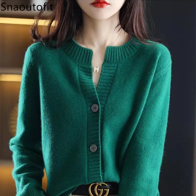 100% Wool Cardigan Women\'s long sleeve top Spring and Autumn Thin Round Neck Cashmere Sweater Loose Coat Fashion Knitted jacket