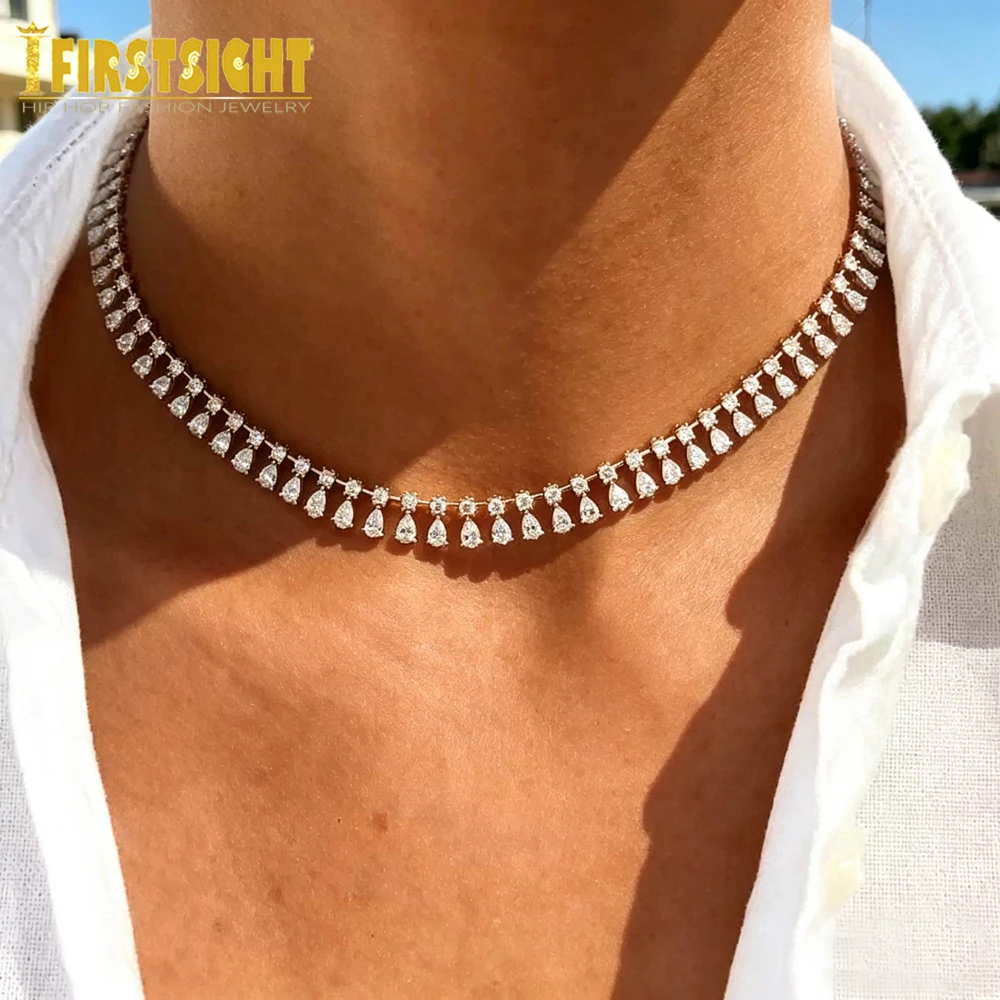 New Iced Out Bling Tear Drop Necklace Silver Color Round Cubic Zirconia Cz Tennis Paved Link Chain Choker For Women Jewelry