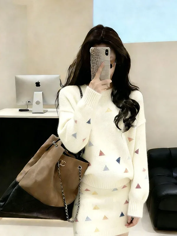 

Korean Sweet Style High-End Knitted Sweater Women's Spring Fashion Half Skirt Two-Piece Set Warm Long Sleeve round Neck Sweater