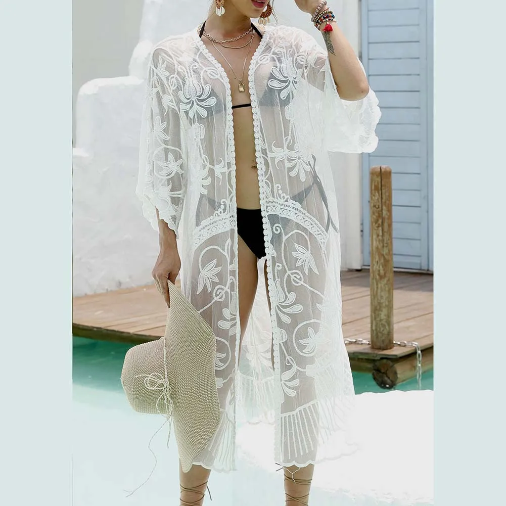 Cárdigan largo de encaje de Color sólido, traje de baño con tirantes bordados = Pareo de playa = ropa de playa, traje de baño para cubrir el traje de baño