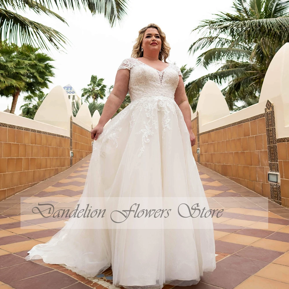 Exquisite Wedding Dresses Plus Size V-Neck Short Sleeves Lace Applique Bride Gown Tulle A-Line Sweep Train فستان حفلات الزفاف