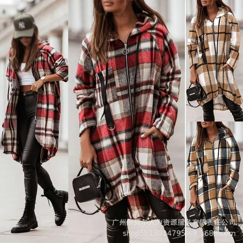 Jackets Women Hooded Coats Slim Fit Plaid Print Casual Zipper Mid Length Coat Full Sleeve Elegant Splice Jacket Autumn