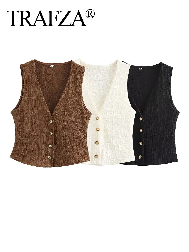 

TRAFZA Summer Woman Solid Color Texture Slim Casual Tops Women Elegant V-Neck Single Breasted Decorar Vest Top 3 Color Mujer