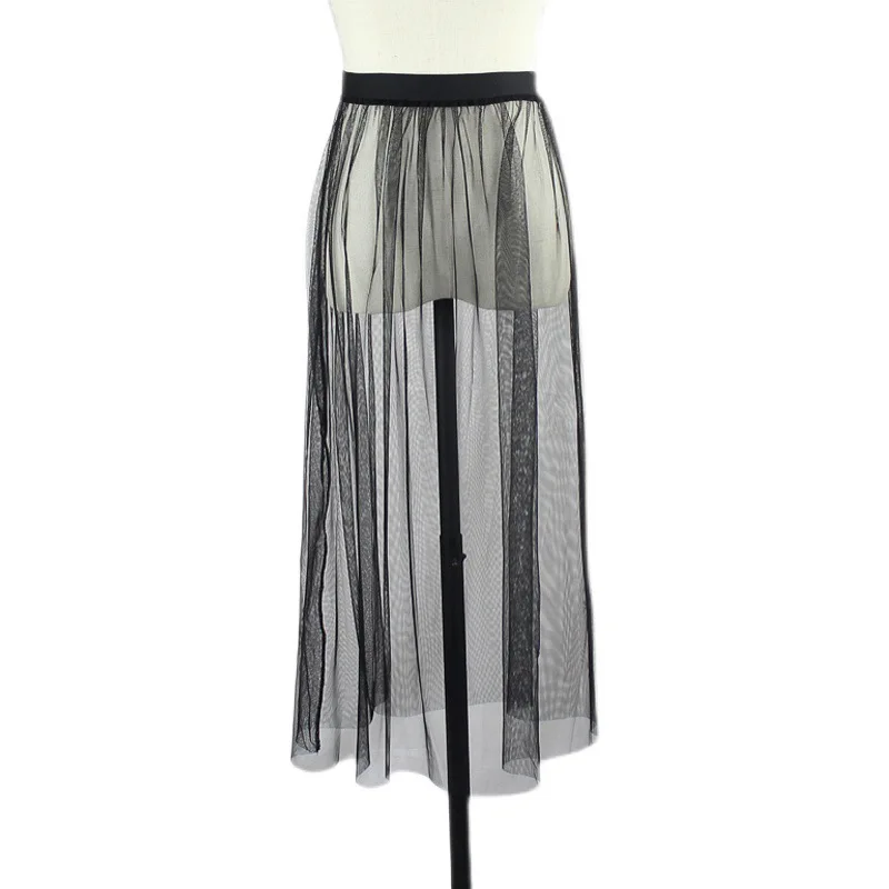 2023 Korean Style Fashion Summer Long Sheer Mesh Skirt For Women See Through Black White A Line  Tulle Maxi  y2k Skirt