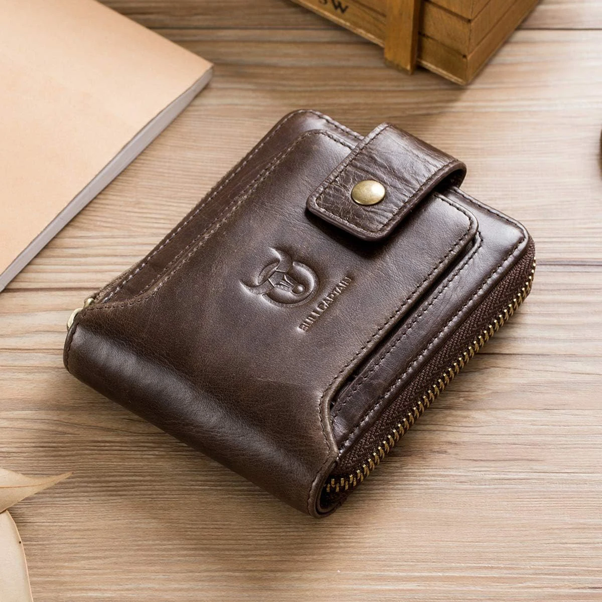 BULLCAPTAIN Genuine Leather Wallet for Men Large Capacity ID Window Card Case with Zip Coin Pocket