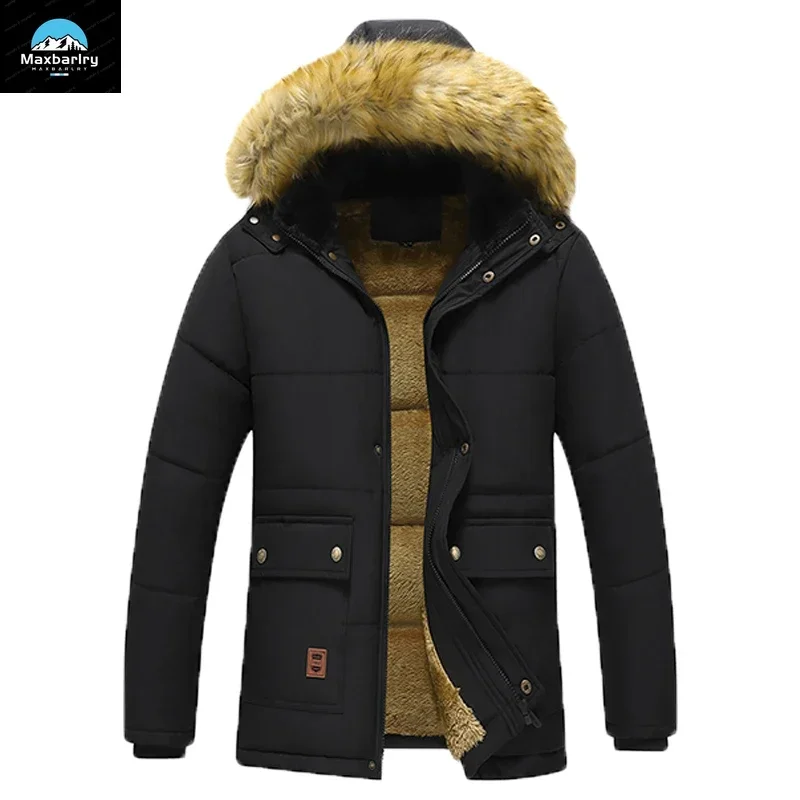 Parka masculina impermeável com capuz de pele, parkas de lã grossa, casaco casual, casaco quente de inverno, moda outono, nova