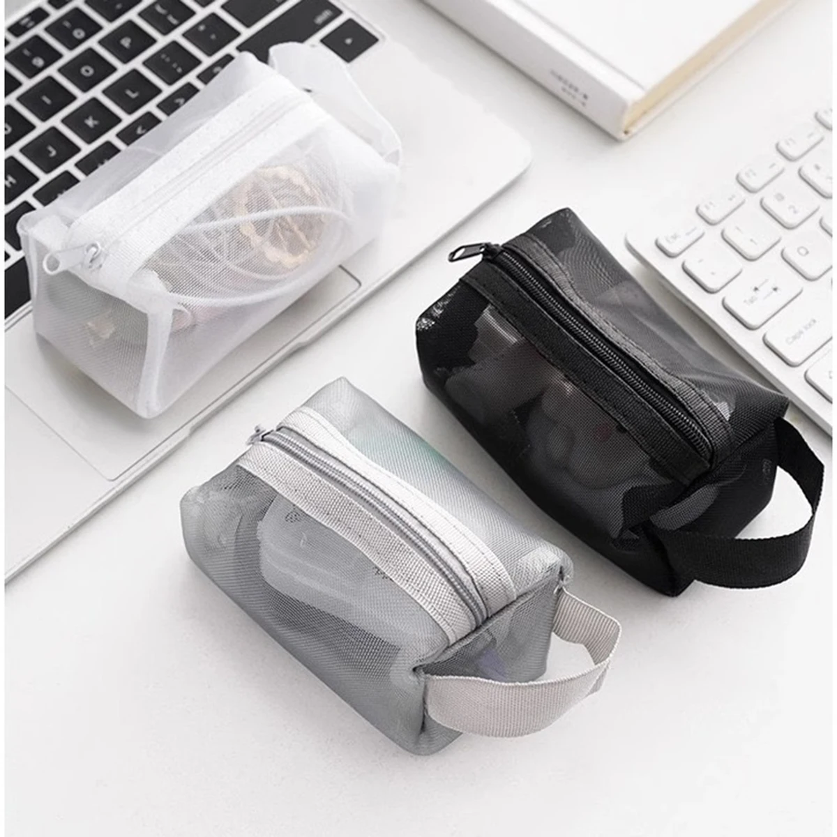 Portamonete multiuso in rete quadrata traspirante, portachiavi, mini portamonete con cerniera