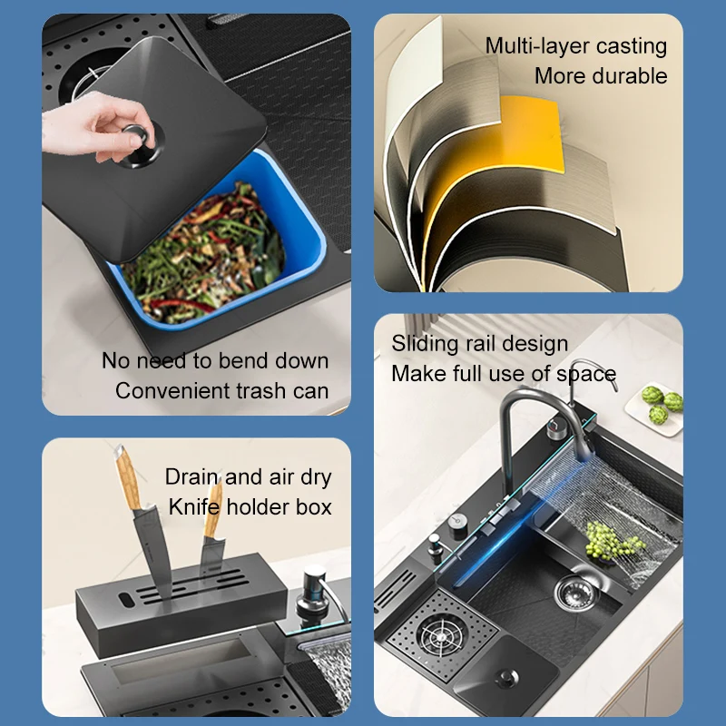 New Trend Black Smart Kitchen Nano Honeycomb Stainless Steel Sink with Waterfall Faucet for Hotel Undermount Kitchen