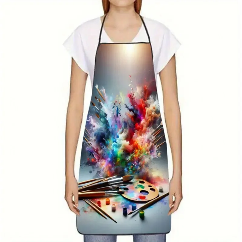 Artist Paint Splash Apron – Colorful Brush & Palette Design, Waterproof Polyester, Adjustable Neck Strap, Gift for Painters