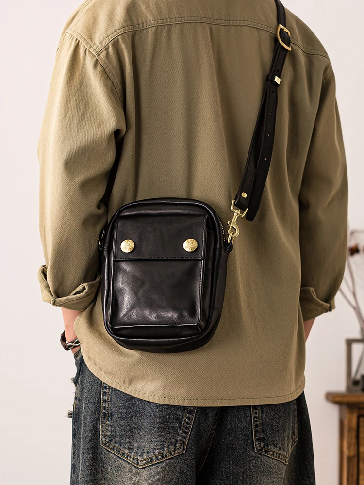 High-quality first layer cowhide men's small phone bag outdoor designer handmade genuine leather black shoulder crossbody bag