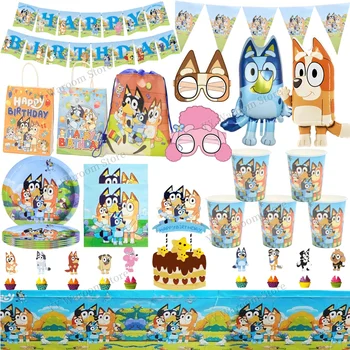 블루 개 파티 장식 생일 빙고 일회용 식기 식탁보 플레이트 컵 안경 선물 가방 어린이 파티 호의 용품