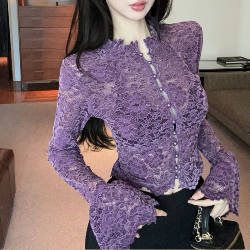 

2025 Spring Purple Shirt Slim Fit V-neck Single Breasted Flare Sleeve Crochet Blouse Sexy Women Lace Tops