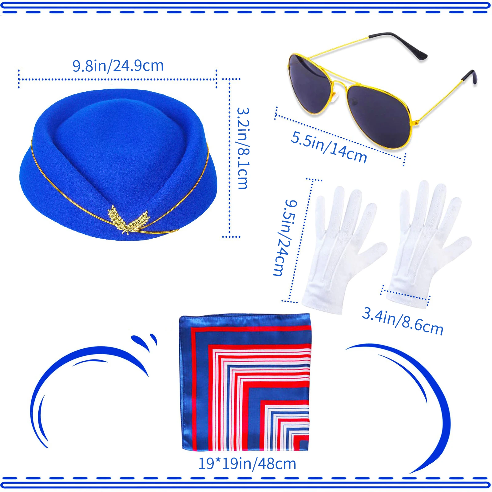 Women\'s Stewardess Costume Accessories Air Hostess Costume Accessories Flight Attendant Hat Sunglasses Scarf Gloves