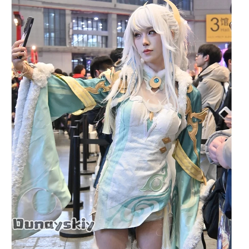 

Dream ZS^Anime Game Genshin Impact Cosplay Zibai Retro Uniform Chinese Fairy Green Dress Qipao Cheongsam White Wigs Halloween