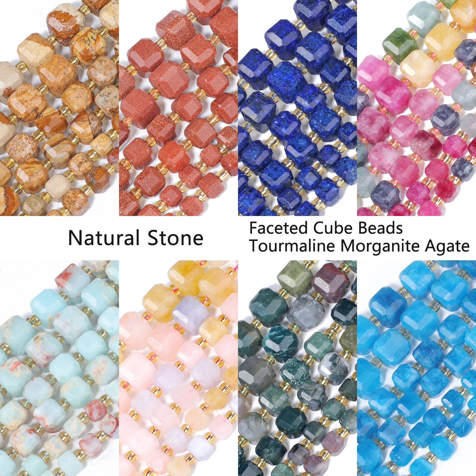 AAA+ Faceted Cube Tourmaline Aquamarine Onyx Agate Beads Natural Stone Square Loose Beads for Jewelry Making DIY Charms Bracelet