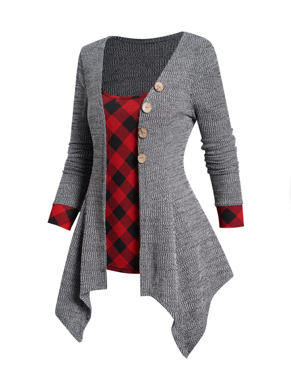 Long Sleeve Knit Asymmetrical Cardigan and Plaid Print Camisole Fashion Women Set