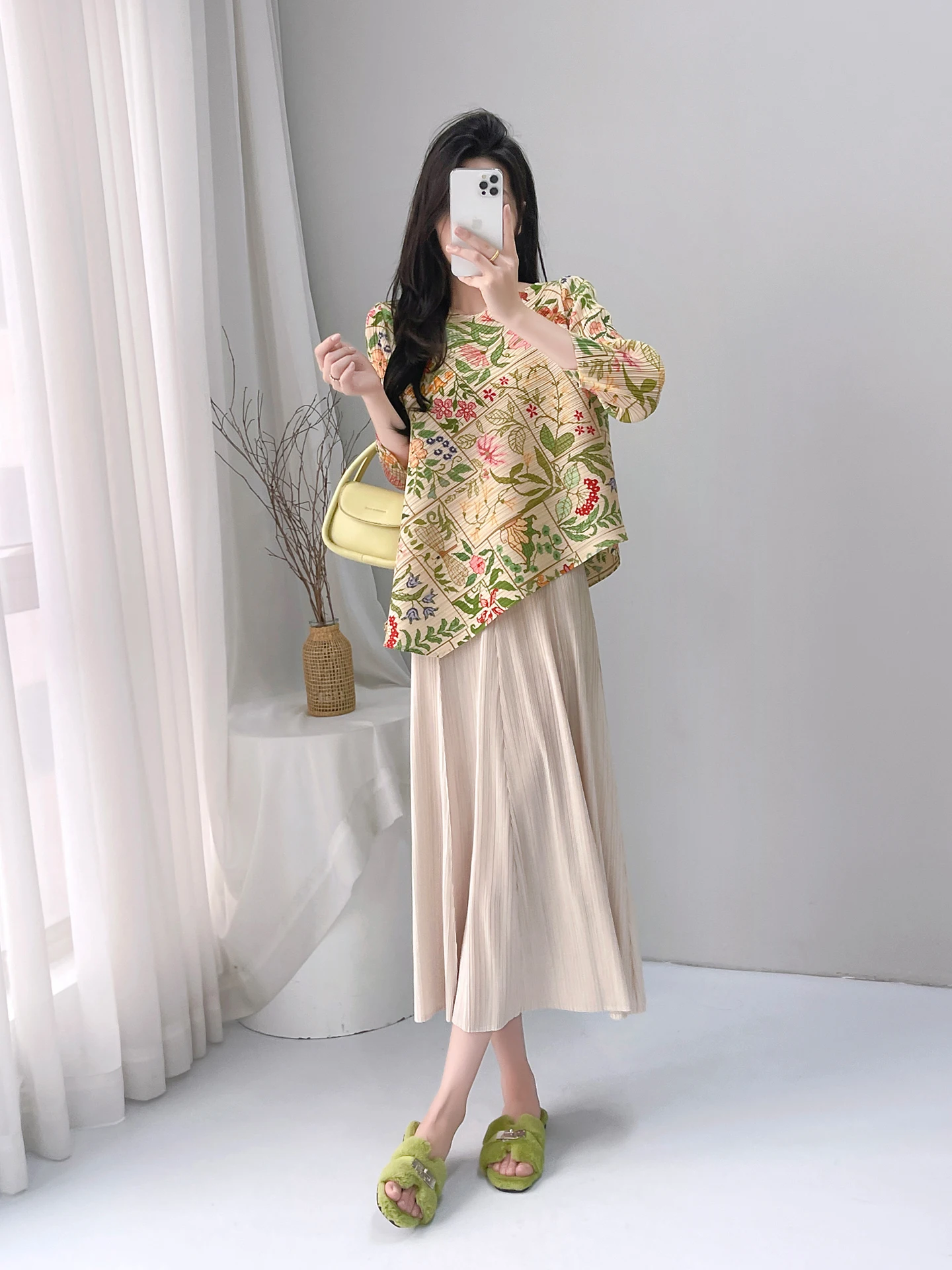 

Spring Autumn Floral Print Pleated Skirt Set Women's Casual Sle High Waist Slimming Two-Piece Ensemble Floral T-irt