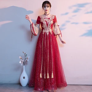 Vermelho vestido de noiva chinês casamento cheongsam vestidos mulher grávida qipao noite gow bordado elegante toast roupas 10 principais vendas pregnant qipao - №10