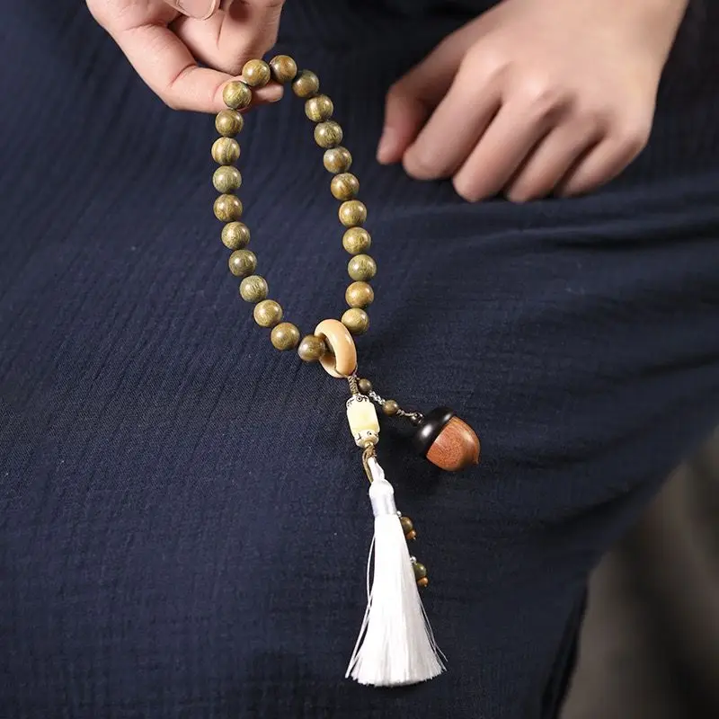 Natural Green Sandalwood Bracelet Vintage Tassel Flexible Ring Wooden Bracelet Crafts Men and Women Rosary Hand Toy Beads