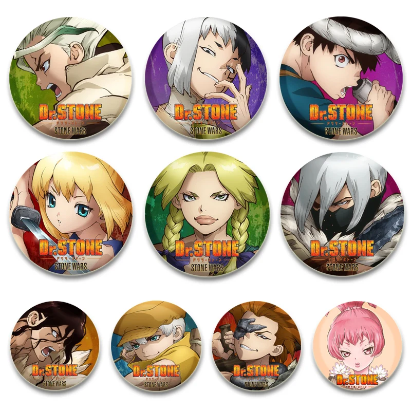 Round Cartoon Brooch Anime Dr. Stone Pins Characters Gen Asagiri Chrome Senkuu Ishigami Kohakulapel Badge for Backpack Accessory