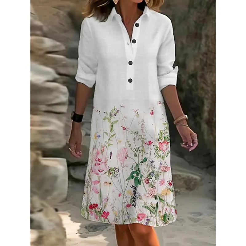 

2025 Spring Women's Dress Casual Fashion Printed Shirt Collar Spliced Long Sleeve V-neck Half Cardigan
