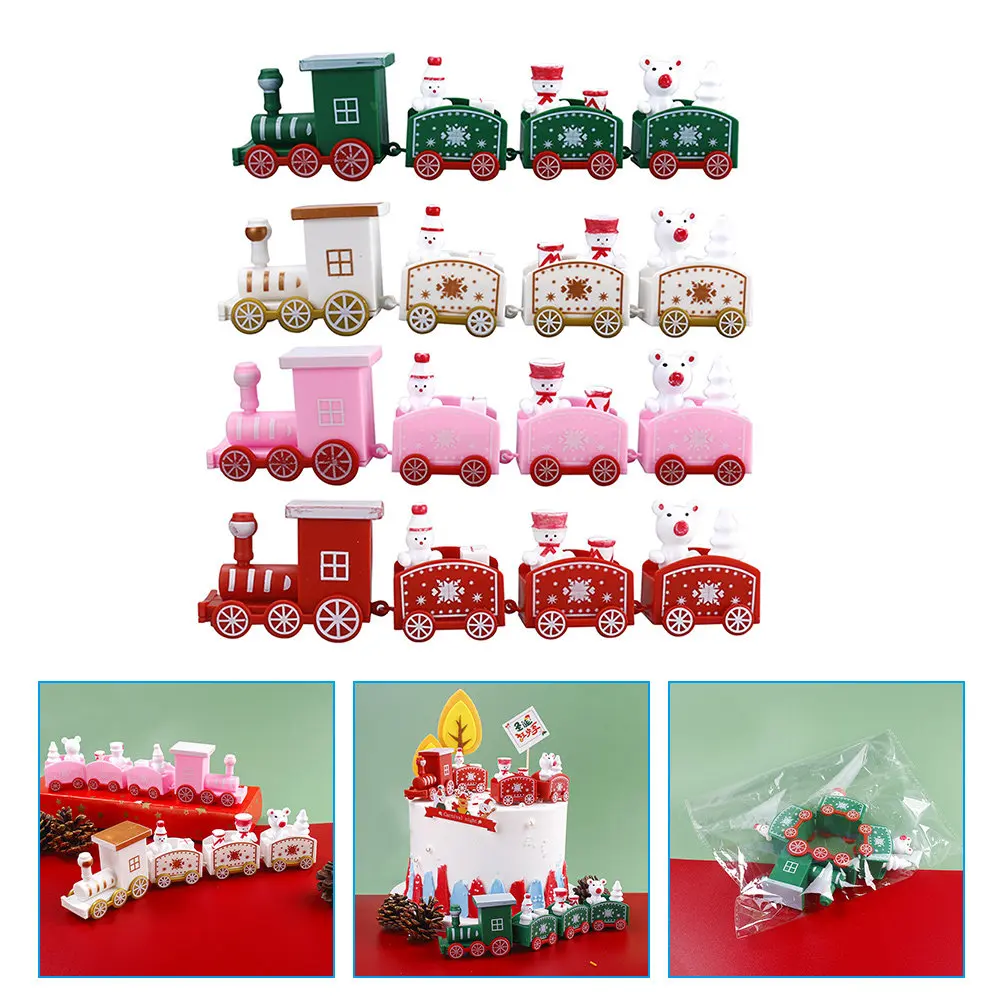 

4Pcs Christmas Mini Train Xmas Plastic Ornaments Mini Snowman Decoration Xmas Cake Dollhouse Party Decor Miniature Train Toys