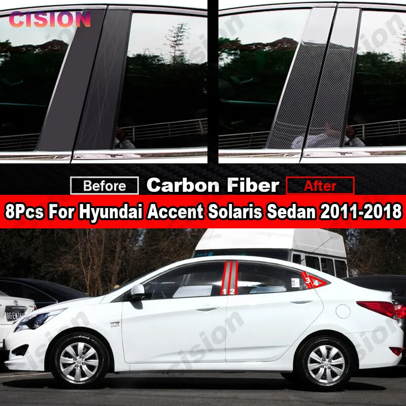 Glossy Black Mirror Effect Window Door Column B C Pillar Post Cover Trim Carbon Fiber For Hyundai Accent Solaris Sedan 2011-2018