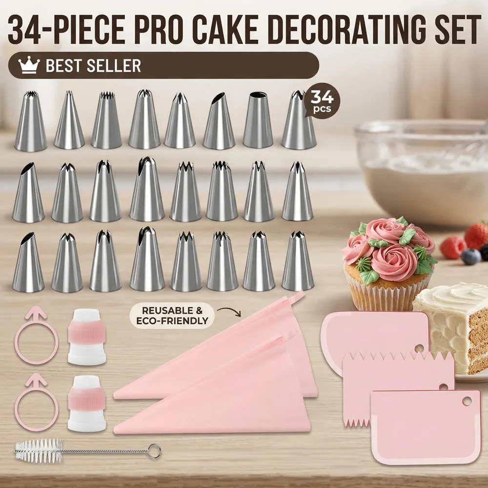 34pcs Piping Tips Set with TPU Bags & Scrapers - Icing Nozzles,Converters, Brush Complete Cake Decorating Kit for Beginners