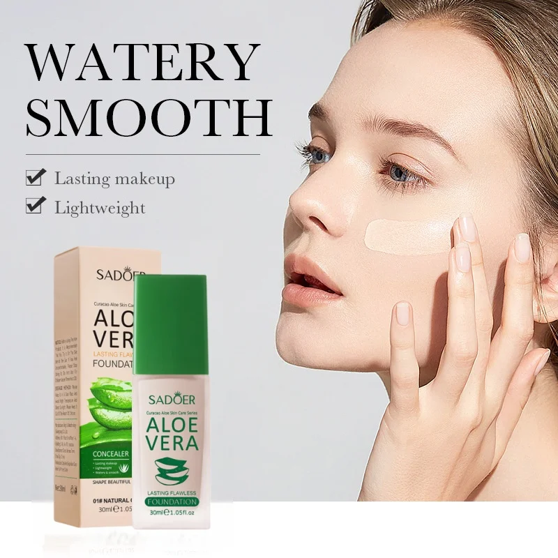 Aloe Vera Liquid Foundation, Natural Color, Fine Powder Texture, Light and Breathable Tightly Adheres to the Skin, Covers Skin Imperfections, Is Waterproof, Beautifies the Skin, Makes the Skin as Smooth and Delicate as Silk, and Provides a Natural and Clear Makeup Look.