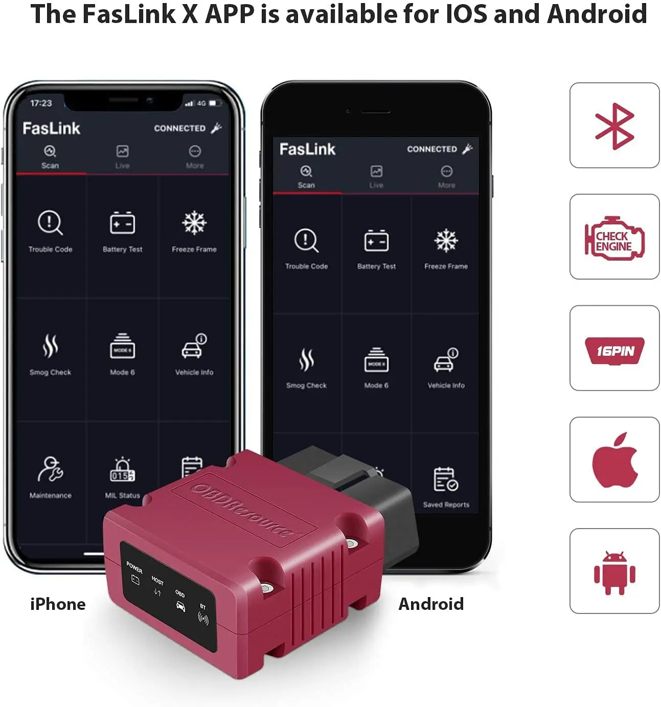 OBD2 Scanner Bluetooth 4.0 Car Diagnostic Tool for iOS & Android, Check Engine Light Reader with Torque & FasLink Support