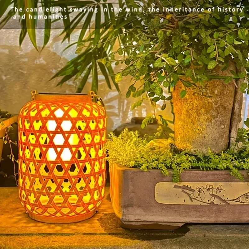 1PC Solar Imitatie Bamboe Lantaarn Outdoor Waterdichte Plastic Rotan Lantaarn Binnenplaats Decoratie Tuin Licht