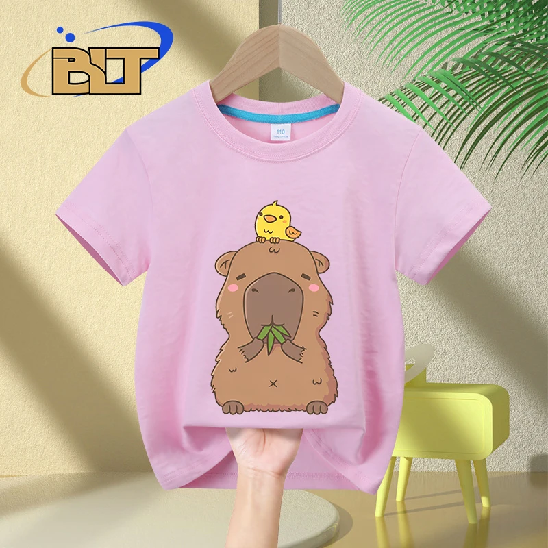 Lindo Capybara con Doodle de pájaro amarillo para niños, Camiseta con estampado de dibujos animados para niños, camiseta de manga corta de algodón para niños, adecuado para niños y niñas