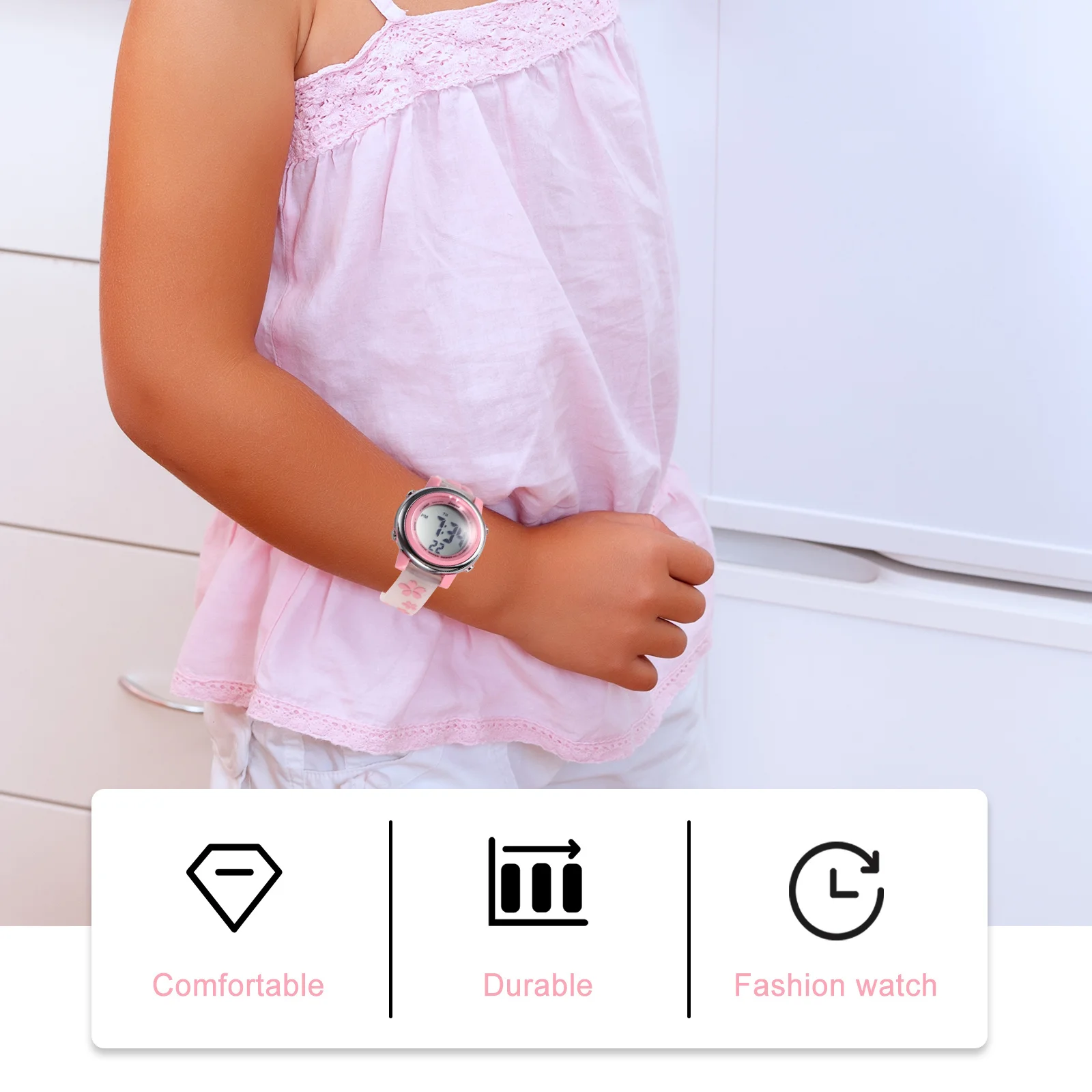 1Pcs Children Waterproof Watch Flower Pattern Lovely Cartoon Electronic Digital Wristwatch Durable for School Outdoor Use