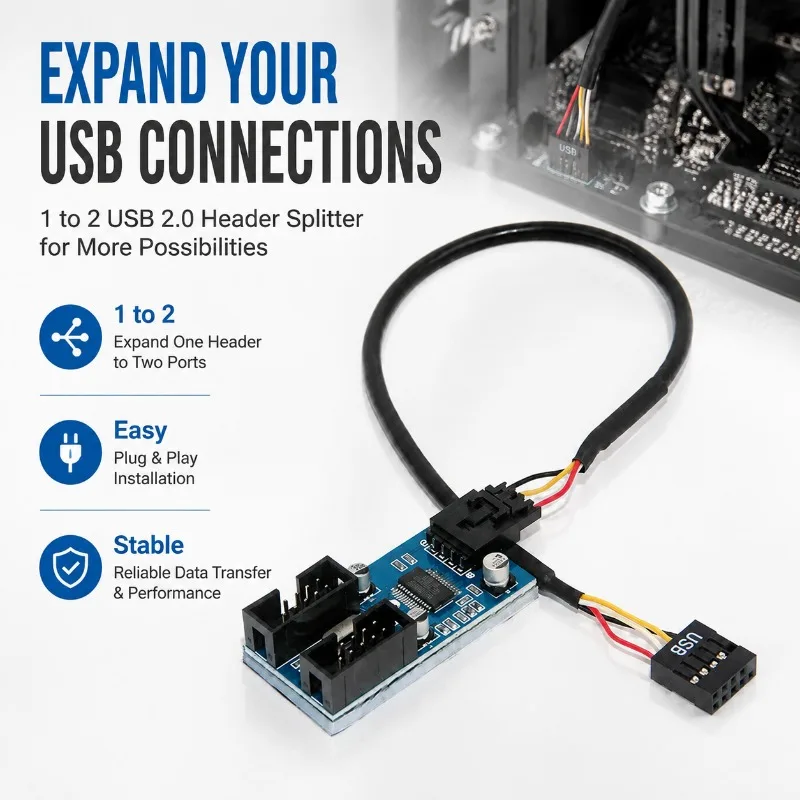 USB 2.0 Header Splitter Adapter 9-Pin Male to Dual 4-Pin Female Motherboard 1 to 2 Internal Extension Cable