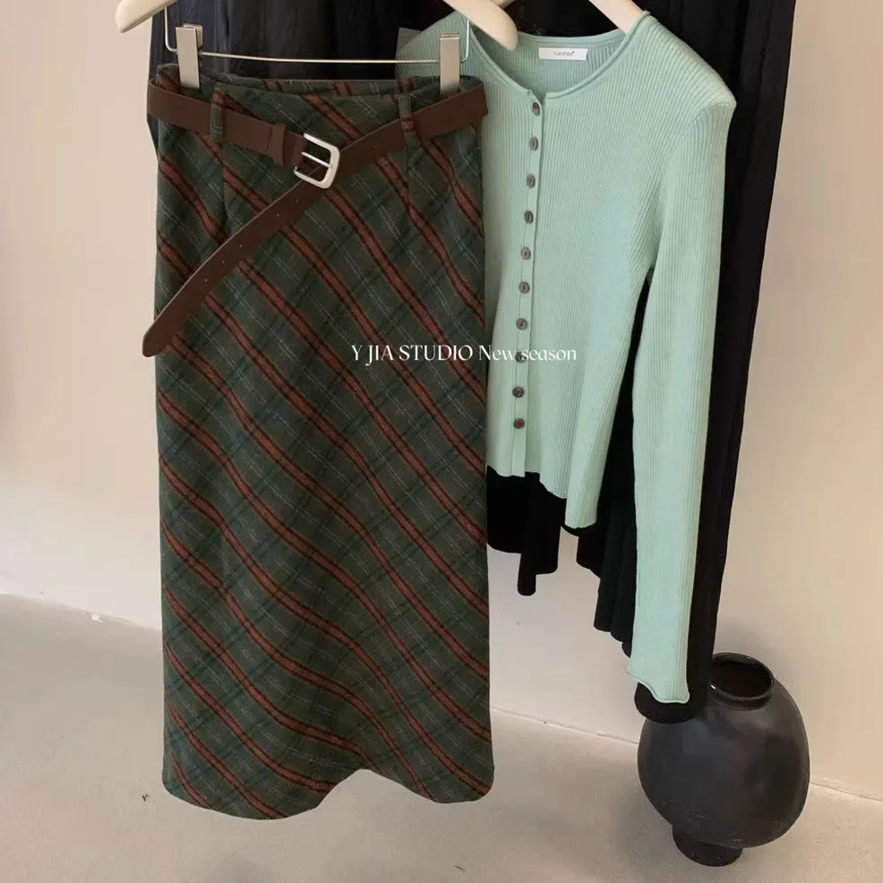 المرأة الخريف الشتاء الصوف والمزيج منقوشة تنورة طويلة سيدة خمر عالية الخصر ضئيلة ألف خط تنورة