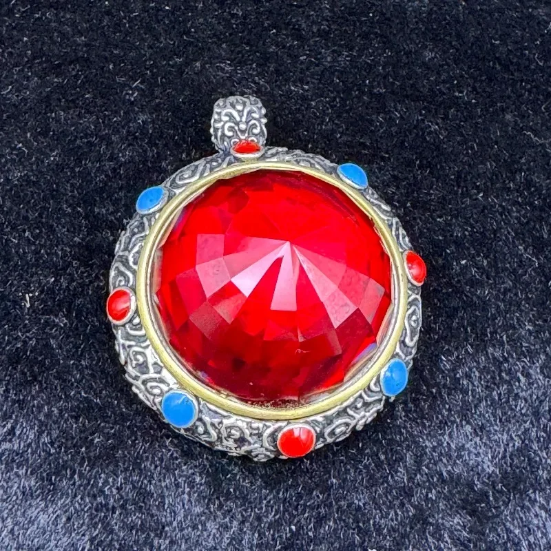 Silver Plated Red Corundum Pendant, 30mm, Mohs Hardness＞9, Double Sided Wearable Charm Necklace for Wealth