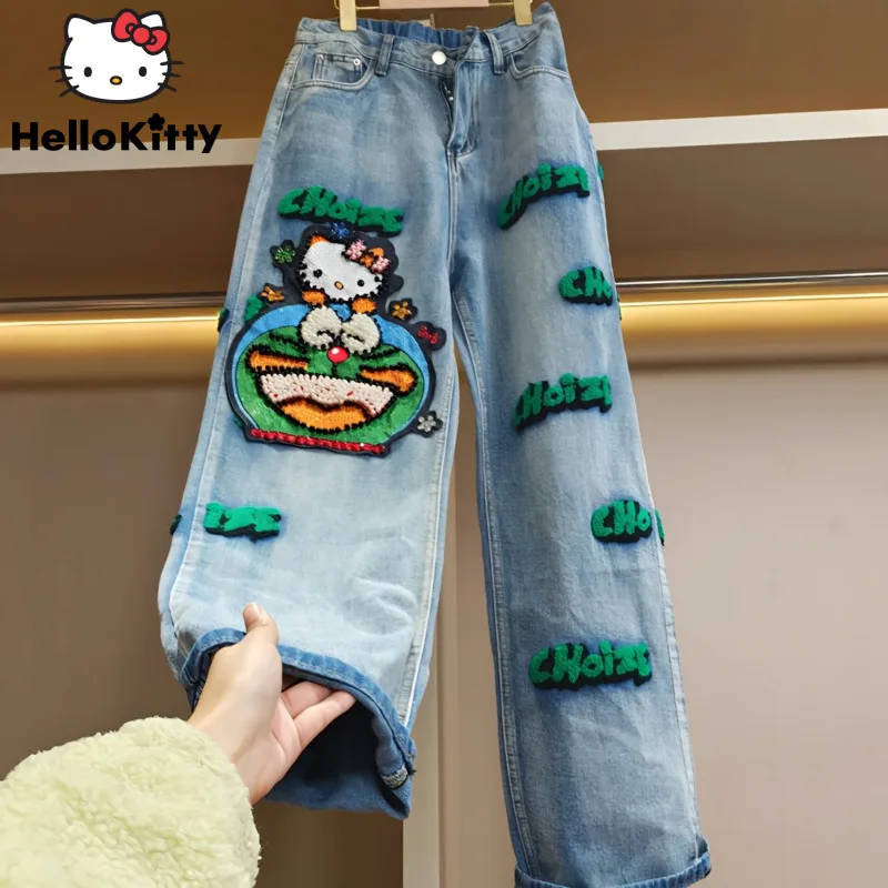 Sanrio Hello Kitty Cartoon Anime Women Jeans Y2k Street Spice Girl High Waist Thin Pants Korean Trendy Female Wide Leg Trousers