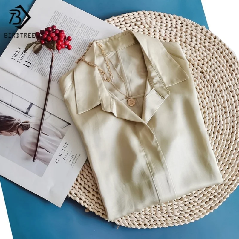 

Birdtree,30.9% Real Silk Solid Blouse,Women's Lapel Neck Soft Tops,Full Sleeve,Single Breasted,2025 New Loose Shirt T5D421JF