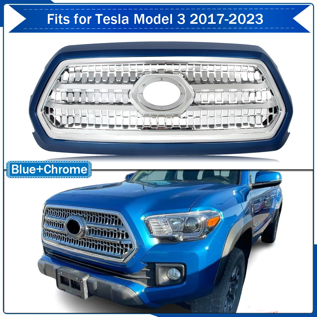 Grill for 2016-2023 Toyota Tacoma TRD Front Bumper Grille Blazing Blue+Chrome Molding