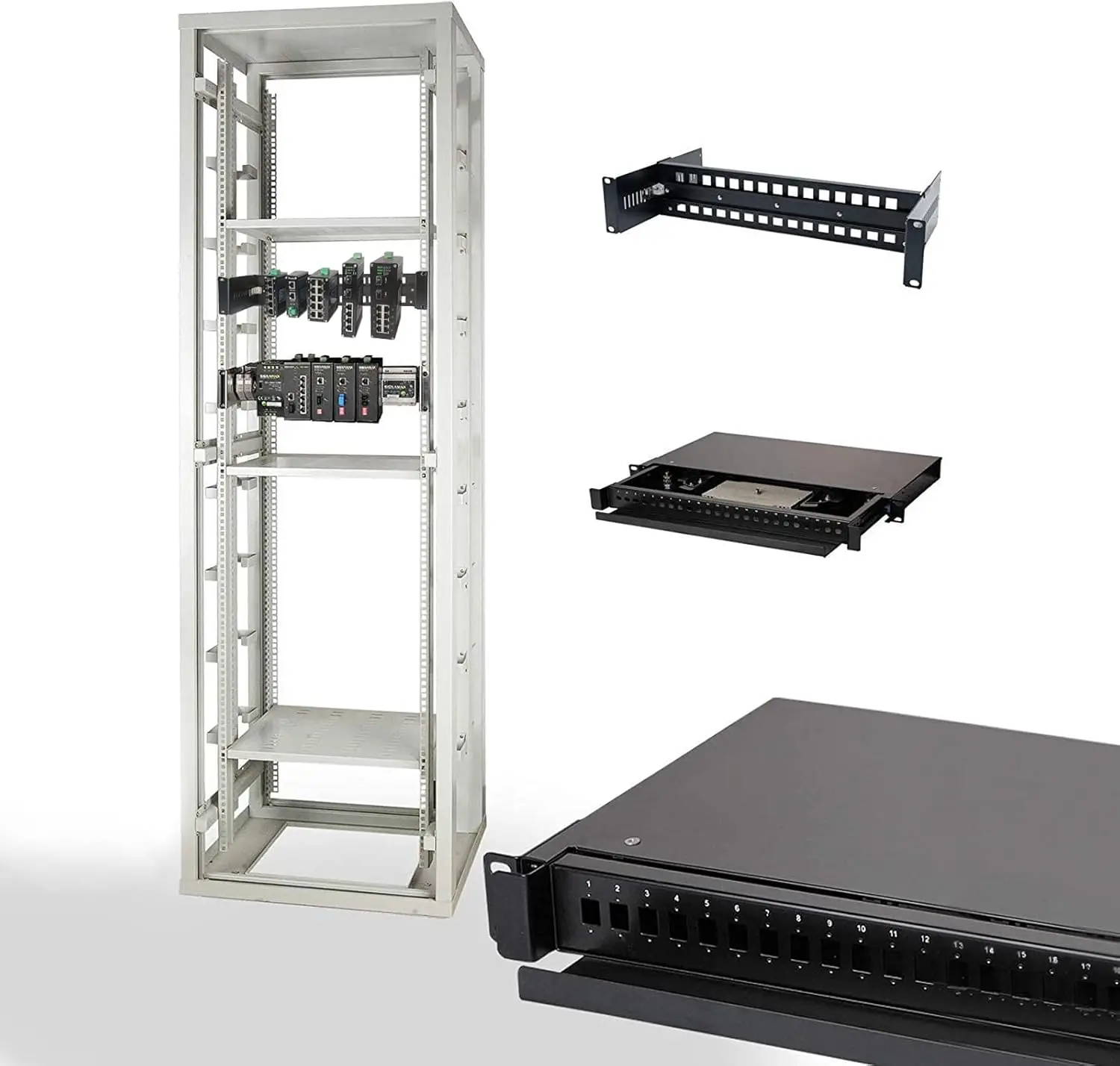 19 Inch Rack Mount DIN Rail Kit 2U Adjustable With High Strength Aluminum Alloy for Industrial Media Converters, PoE Switches