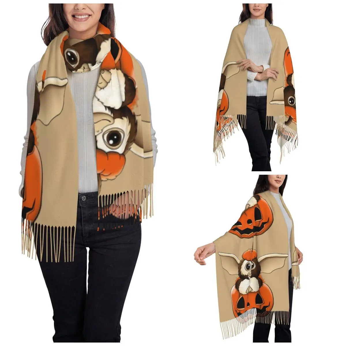 Women\'s Scarf with Tassel Spooky Mogwai Pumpkin Long Super Soft Shawl and Wrap Gremlins Halloween Gifts Pashmina Scarves