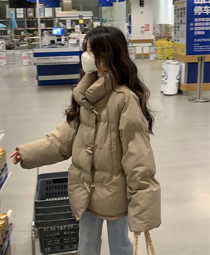 Korean Small Ox Horn Button Cotton Padded Jacket Female New Winter Lazy Wind Cotton Padded Jacket In 2022