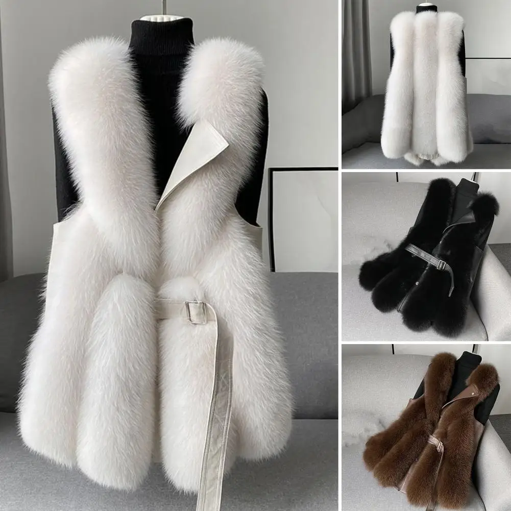 Women Winter Vest Fluffy Faux Fur Women\'s Winter Vest Coat with Button Closure Belt Decor Windproof Warm Waistcoat with Faux