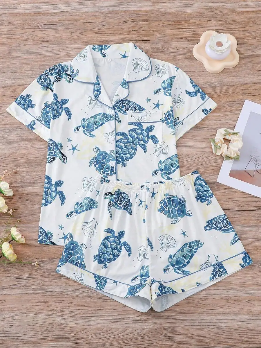 

Womens Sea Turtle Print Pajama Set Short Sleeve Collared Top And Elastic Waist Shorts
