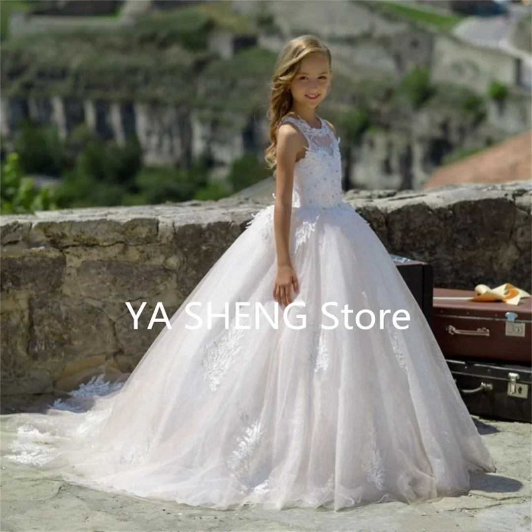 

Flower Girl Dresses With Bow Ball Gown First Holy Communion Dress Lace Cap Sleeves Tulle Princess Pageant Gowns