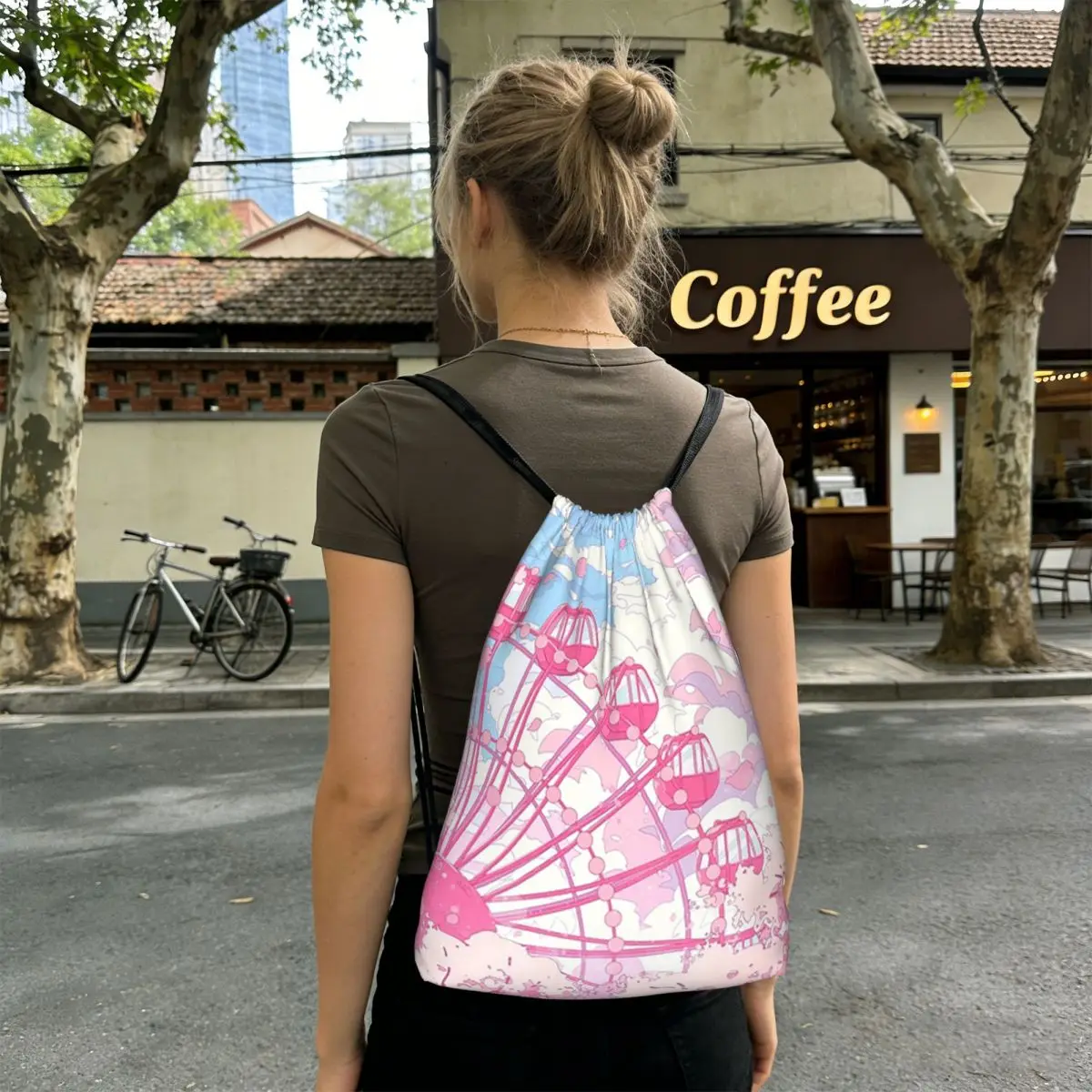 One Urban Ferris Wheel Pattern Backpacks Casual Drawstring Bags Sundries Bag Book Bags for Man Woman Students