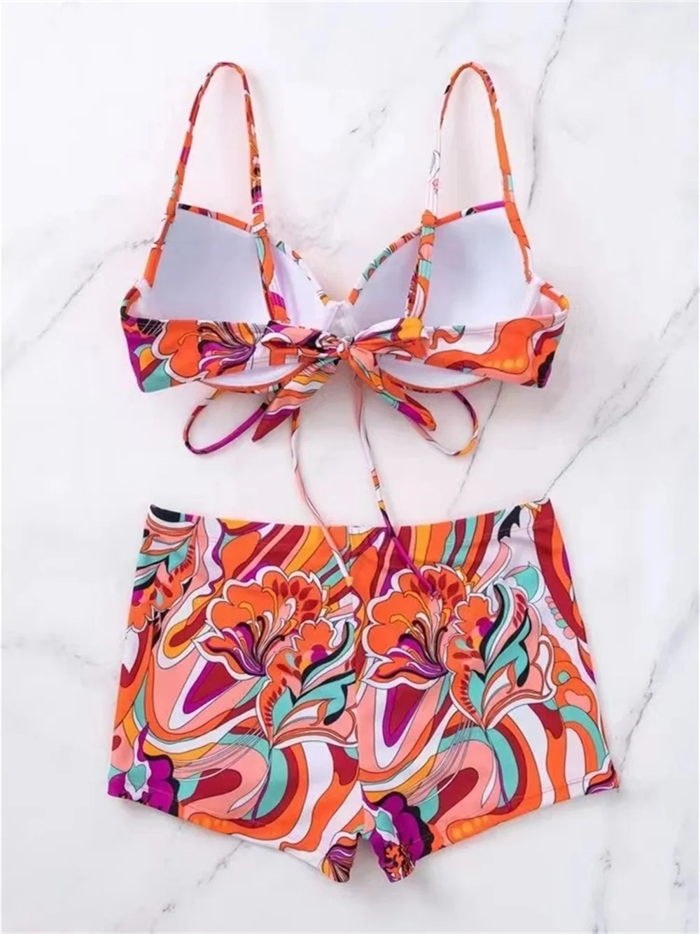 Conservative Bikini Graffiti Printed Floral Swimsuit Push Up Swimwear Boxers Women Backless Bandage Vacation Outfit Bathing Suit