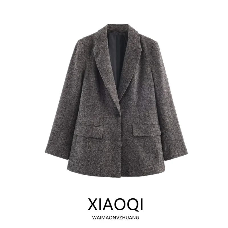 2025 Winter New Women's Commute Versatile Long Sleeve Houndstooth Suit Jacket Classic Style One Button Closure Fashionable